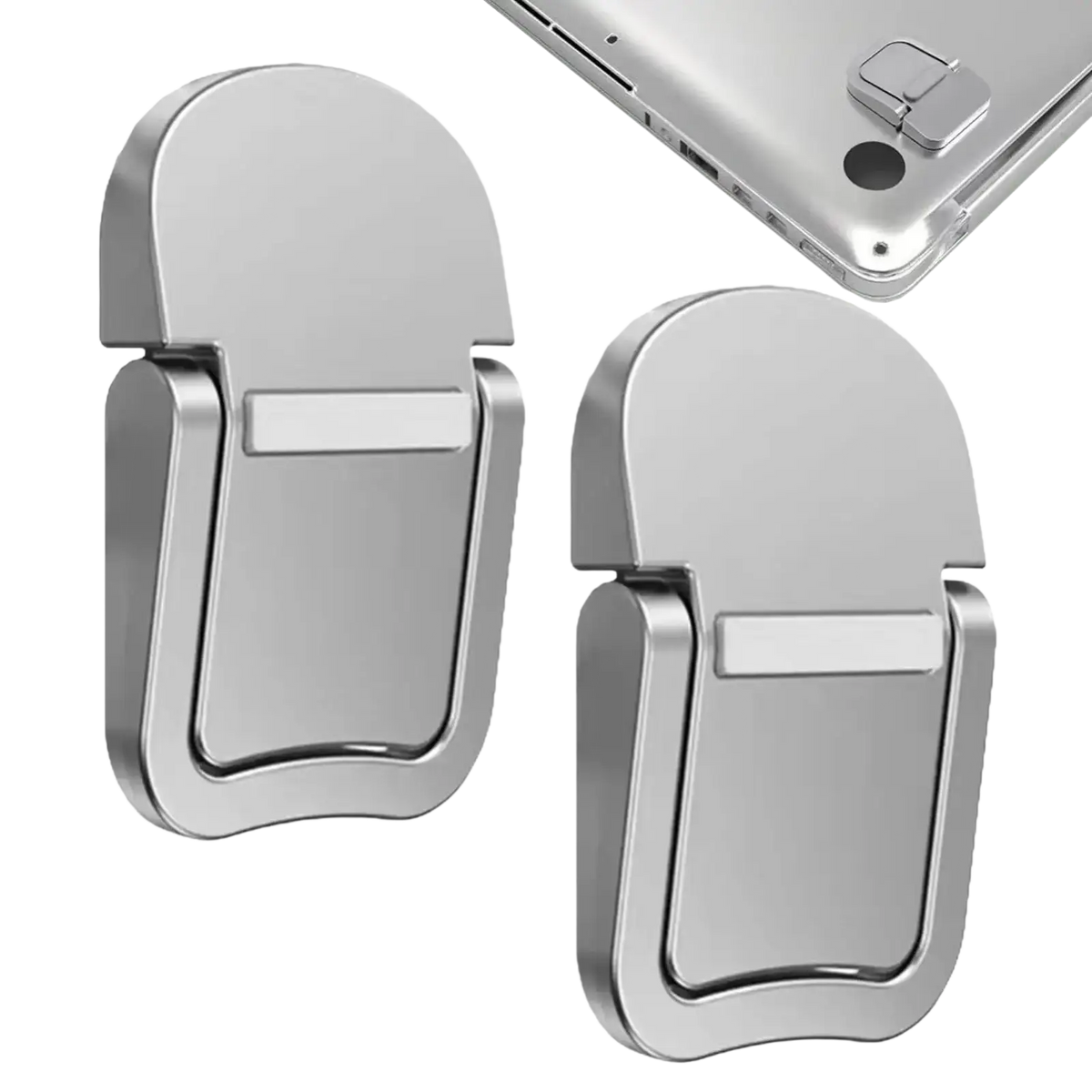 Silver metallic foldable laptop stand with a sleek minimalist design and smooth reflective surface computer stand