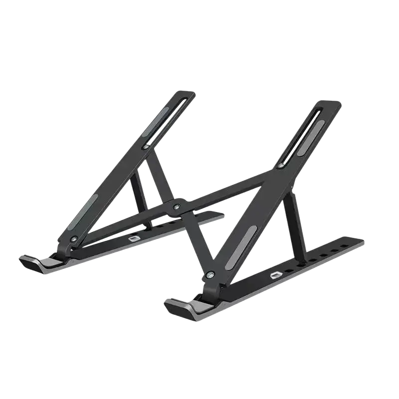 Black adjustable laptop stand with matte finish and heat dissipation design for ergonomic workspace setup