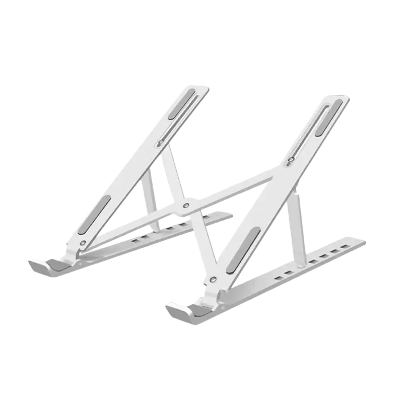 Silver aluminum laptop stand with adjustable height and width featuring heat dissipation for ergonomic use