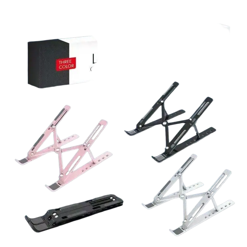 A sleek foldable laptop stand in pink black or silver metallic finish with heat dissipation and minimalist design