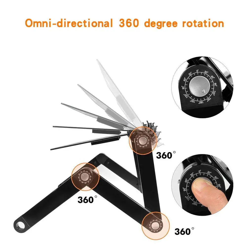 Black metal universal angle finder with 360-degree rotation attached to ergonomic folding laptop desk with cooling fan and mouse pad