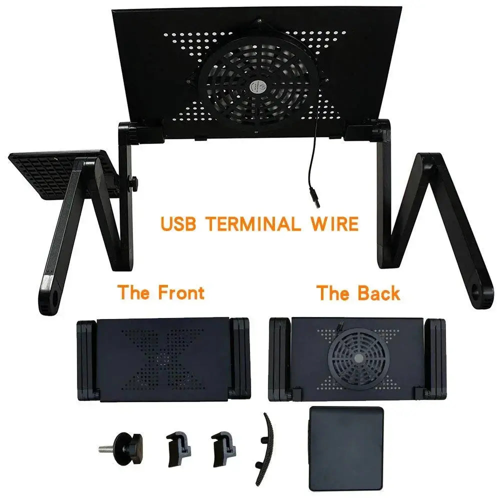 Black adjustable ergonomic folding laptop desk with built-in cooling fan usb terminal wire and mouse pad