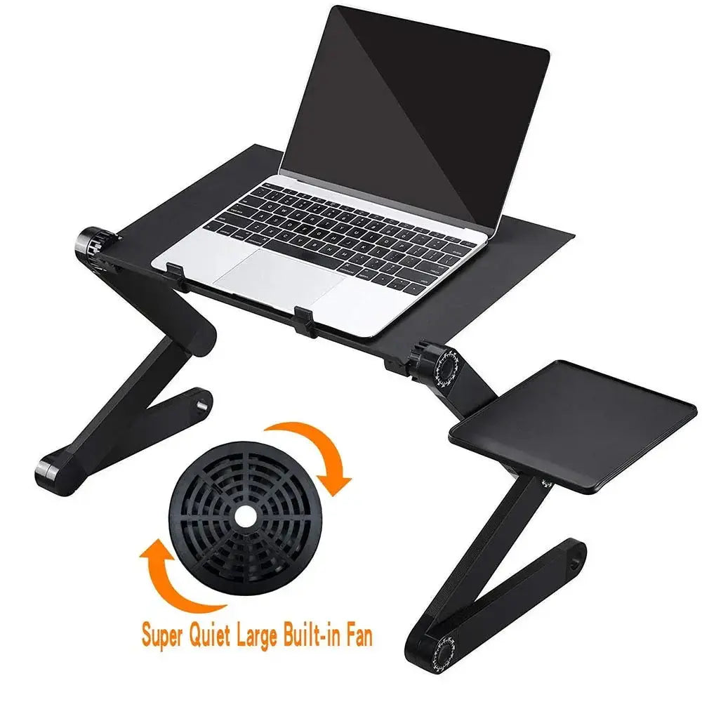 Black adjustable ergonomic folding laptop desk with built-in cooling fan and mouse pad for comfortable use