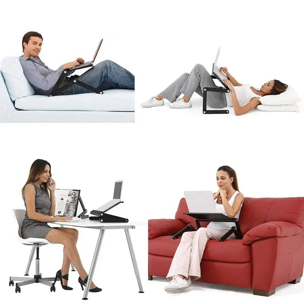 Black ergonomic folding laptop desk with cooling fan foldable design and metal legs for adjustable use