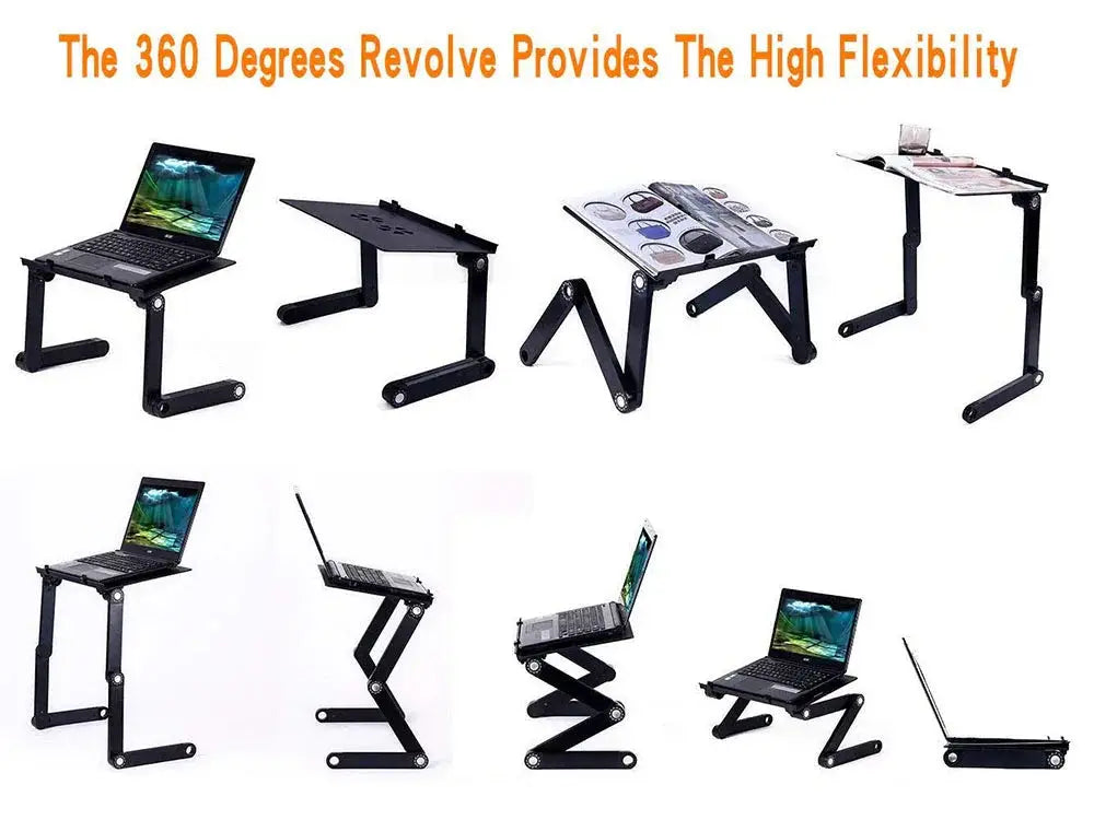 Black ergonomic folding laptop desk with adjustable folding and rotating configurations and built-in cooling fan and mouse pad