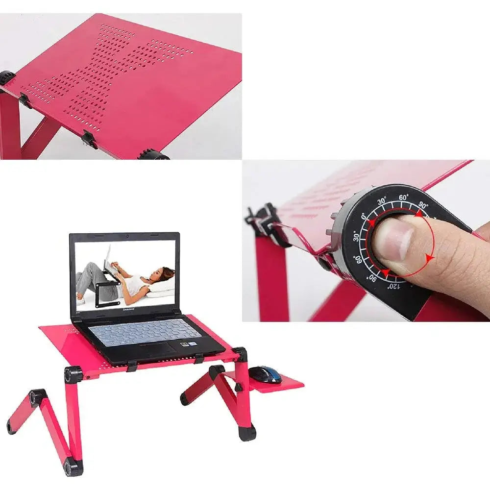 Pink ergonomic folding laptop desk with adjustable perforated surface, cooling fan, mouse pad, and foldable legs