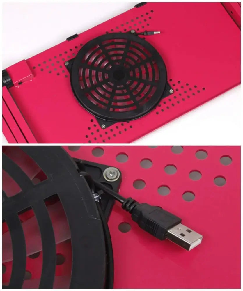Ergonomic folding laptop desk in red with black cooling fan and usb cable for enhanced laptop ventilation and use