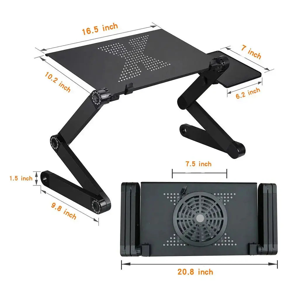 Black adjustable ergonomic folding laptop desk with perforated surface for cooling and folding legs for portability