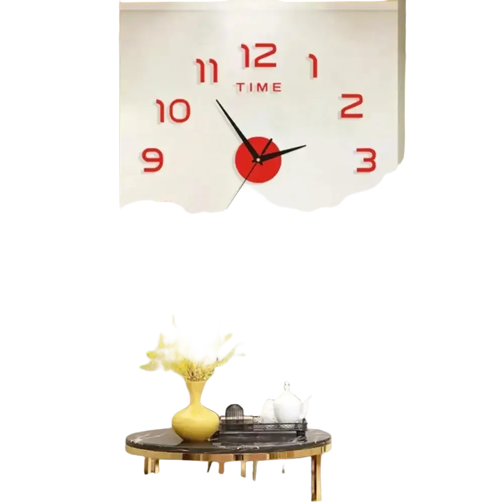 Large 3d diy acrylic wall clock with bold red numbers and minimalist black hands on a white background