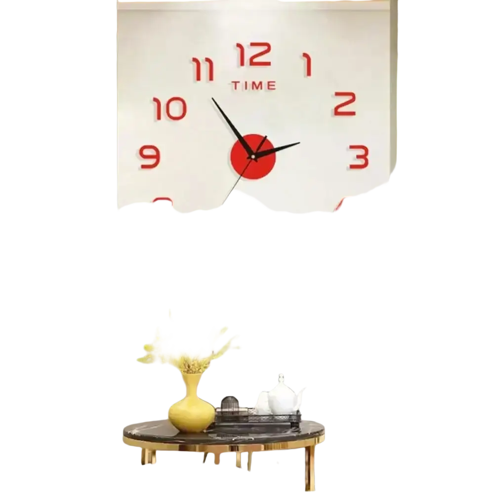 A large 3d diy acrylic wall clock with red numerals black hands and a modern circular face mounted on the wall