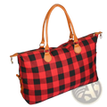 Large canvas duffle bag plaid travel tote with red and black design and tan leather handles for overnight use