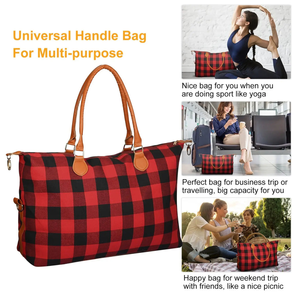 Large canvas duffle bag plaid travel tote with red and black plaid fabric and tan leather handles for overnight use