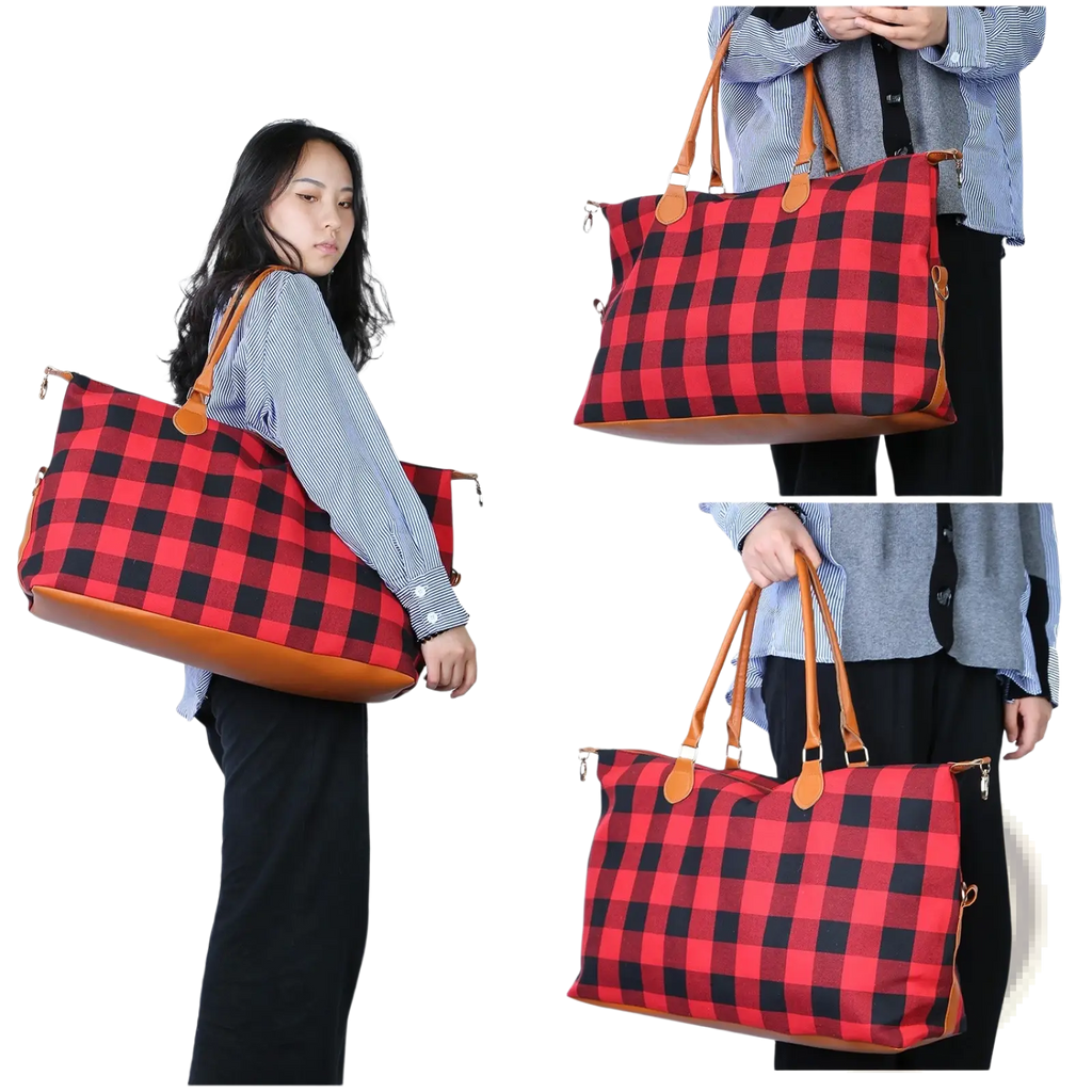 Large canvas duffle bag red and black plaid with tan leather handles and trim for travel and overnight use