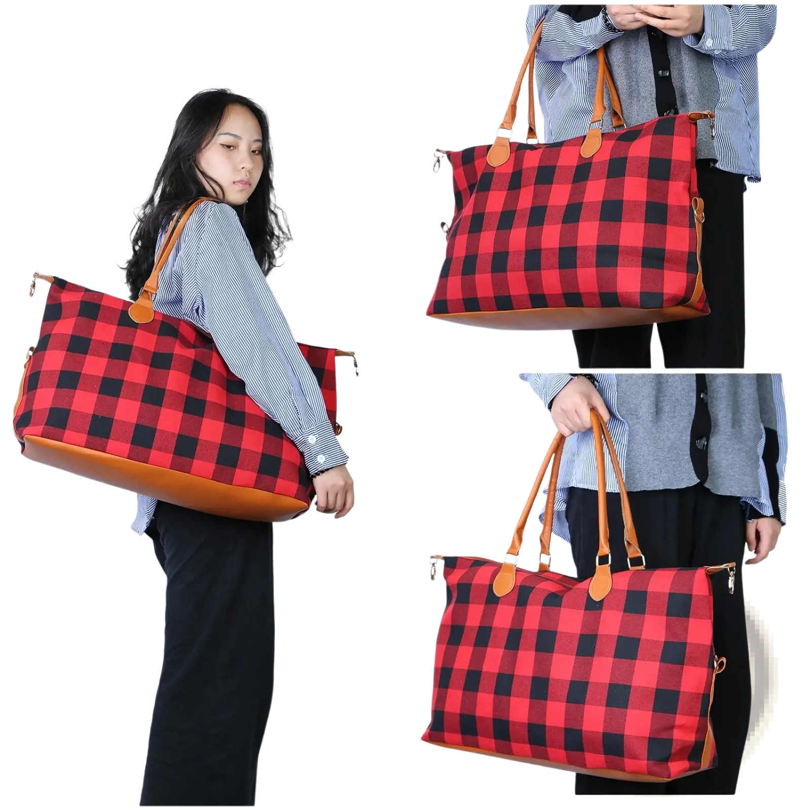 Large canvas duffle bag red and black plaid with tan leather handles and trim for travel and overnight use