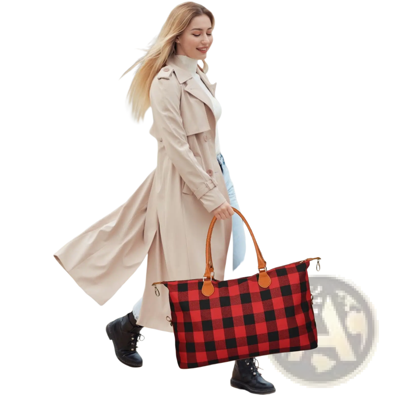 Large canvas duffle bag plaid travel tote in red and black with tan leather handles for overnight use