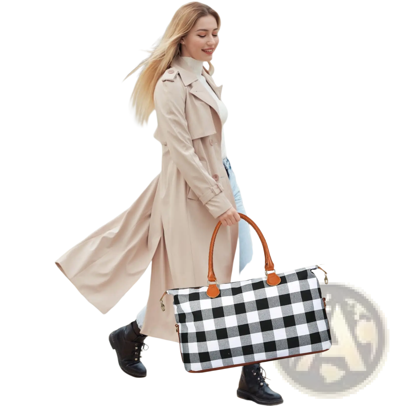 Large canvas duffle bag plaid travel tote with black and white checkered pattern and brown leather handles for overnight use