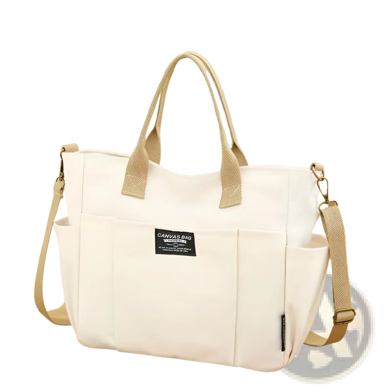 Cream-colored large capacity canvas commuter tote with beige woven leather straps and black canvas bag label on front