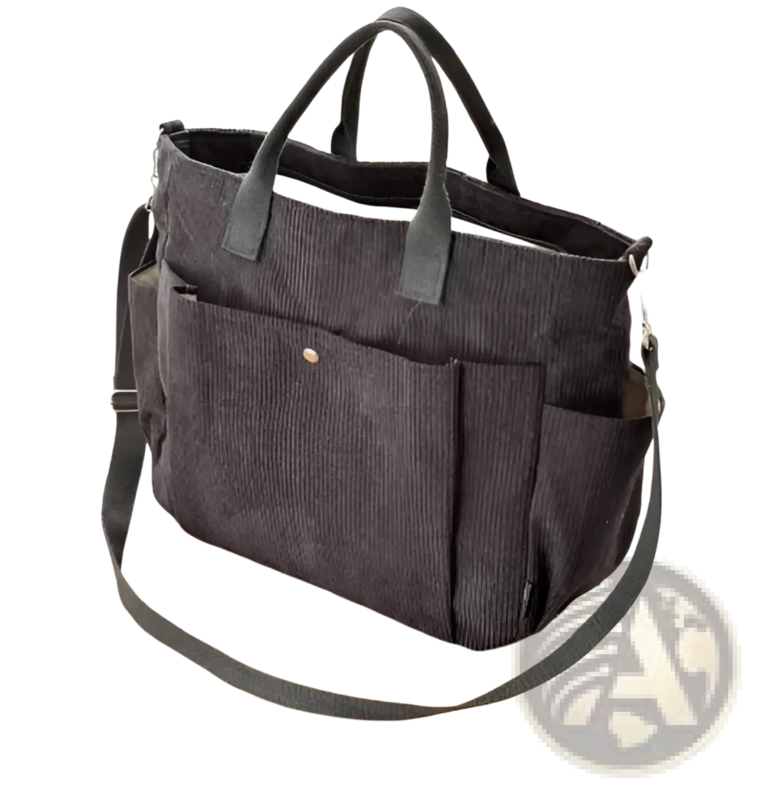 Black corduroy large capacity commuter tote bag with two top handles and detachable shoulder strap with leather accents