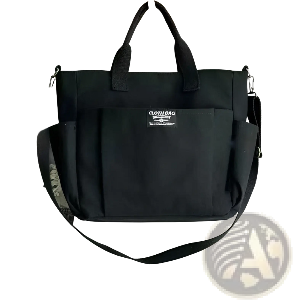 Black canvas commuter tote bag with large capacity leather straps sturdy handles and detachable shoulder strap