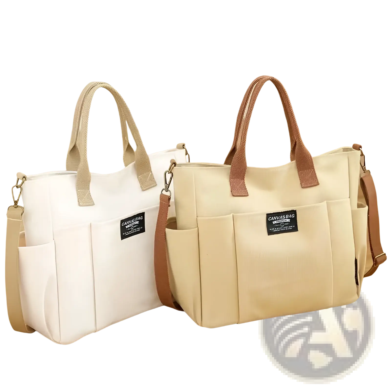 Beige canvas commuter tote bag with large capacity, brown leather straps, multiple front pockets, and black canvas label