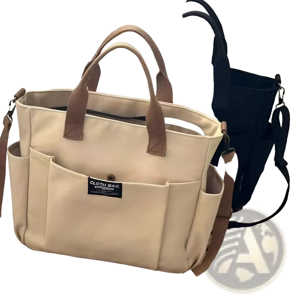 Beige canvas commuter tote bag with large capacity, tan leather handles, matching shoulder strap, and multiple front pockets
