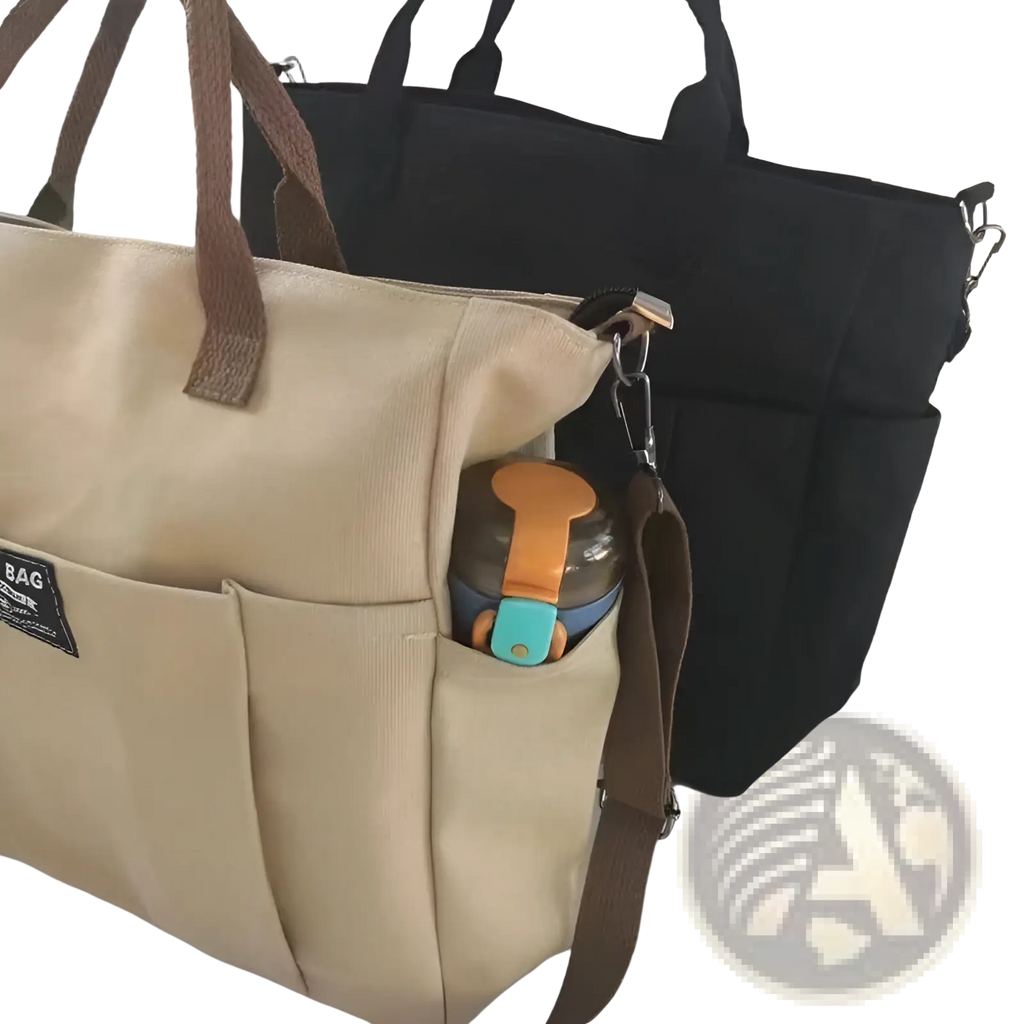 Beige large capacity canvas commuter tote with leather brown straps and front pocket holding a water bottle
