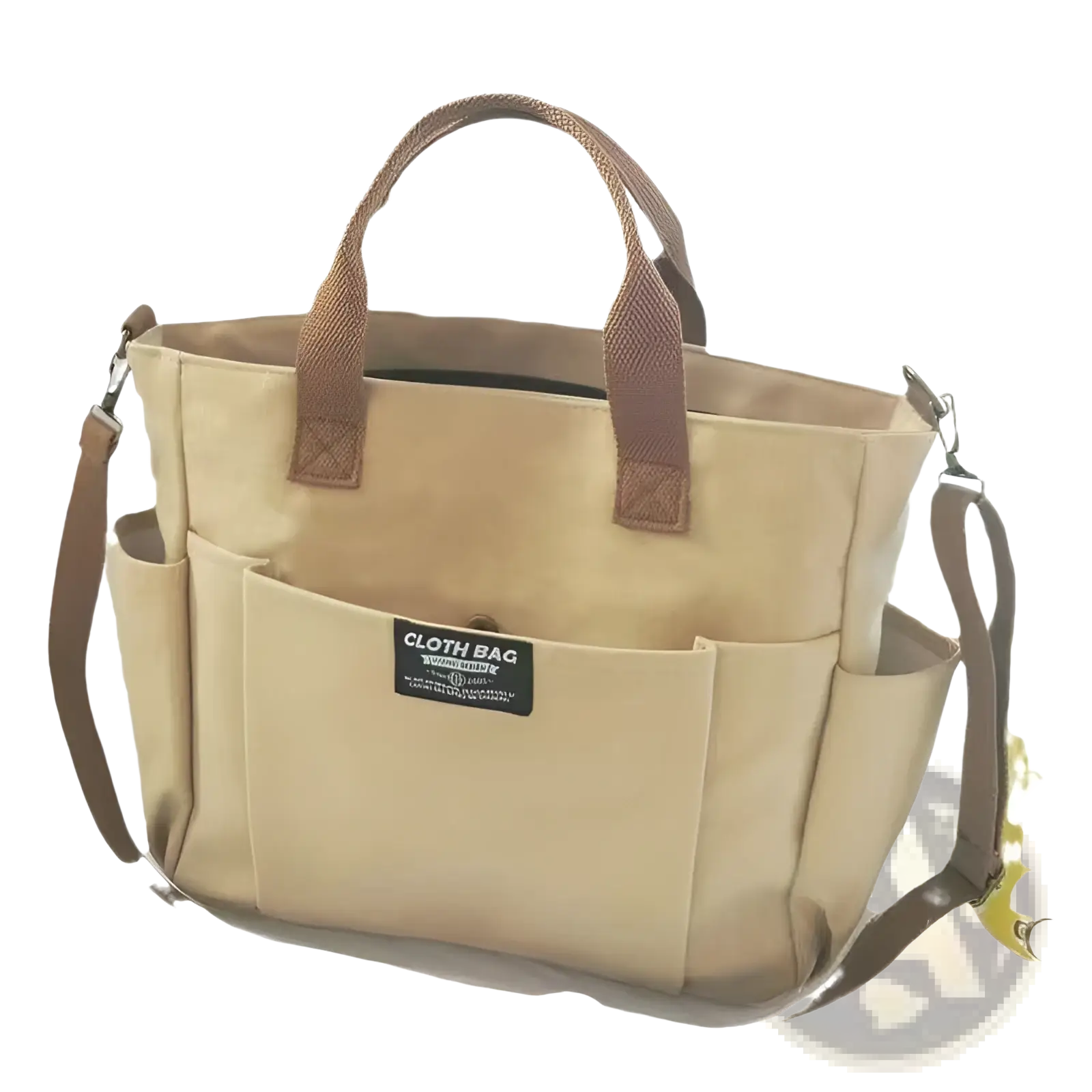 Beige canvas commuter tote bag with large capacity and brown leather handles and shoulder strap