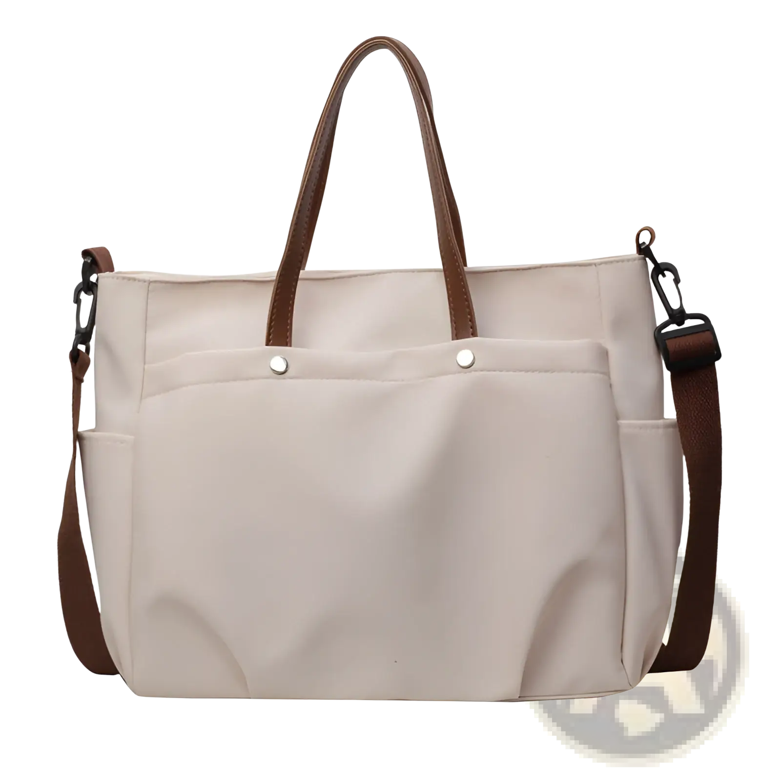 Beige canvas tote bag with large capacity leather handles and shoulder strap for versatile carrying options