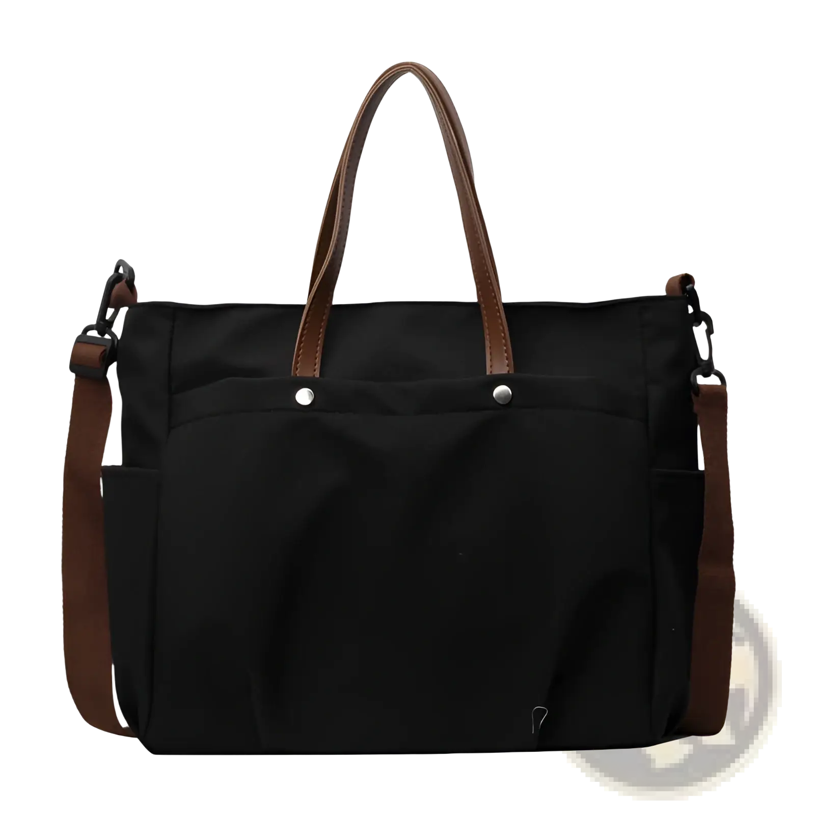 Large capacity black canvas tote bag with brown leather handles and shoulder strap for versatile use