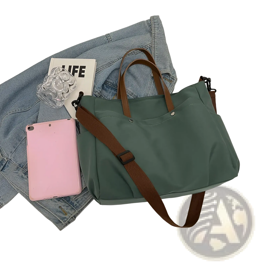 Large capacity green canvas tote bag with brown leather handles and matching adjustable strap