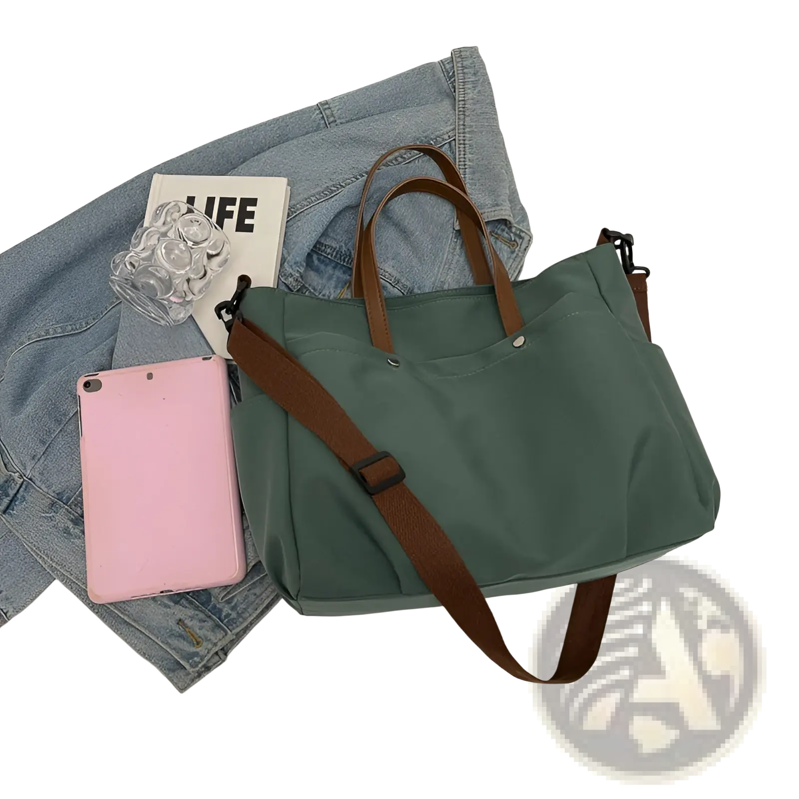 Large capacity green canvas tote bag with brown leather handles and matching adjustable strap