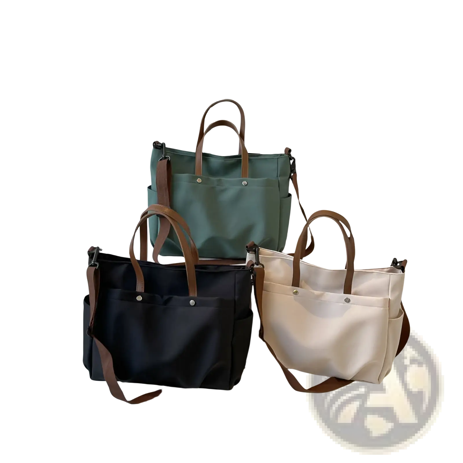 Large capacity canvas tote bags in black beige and green with brown leather handles and straps for versatile use