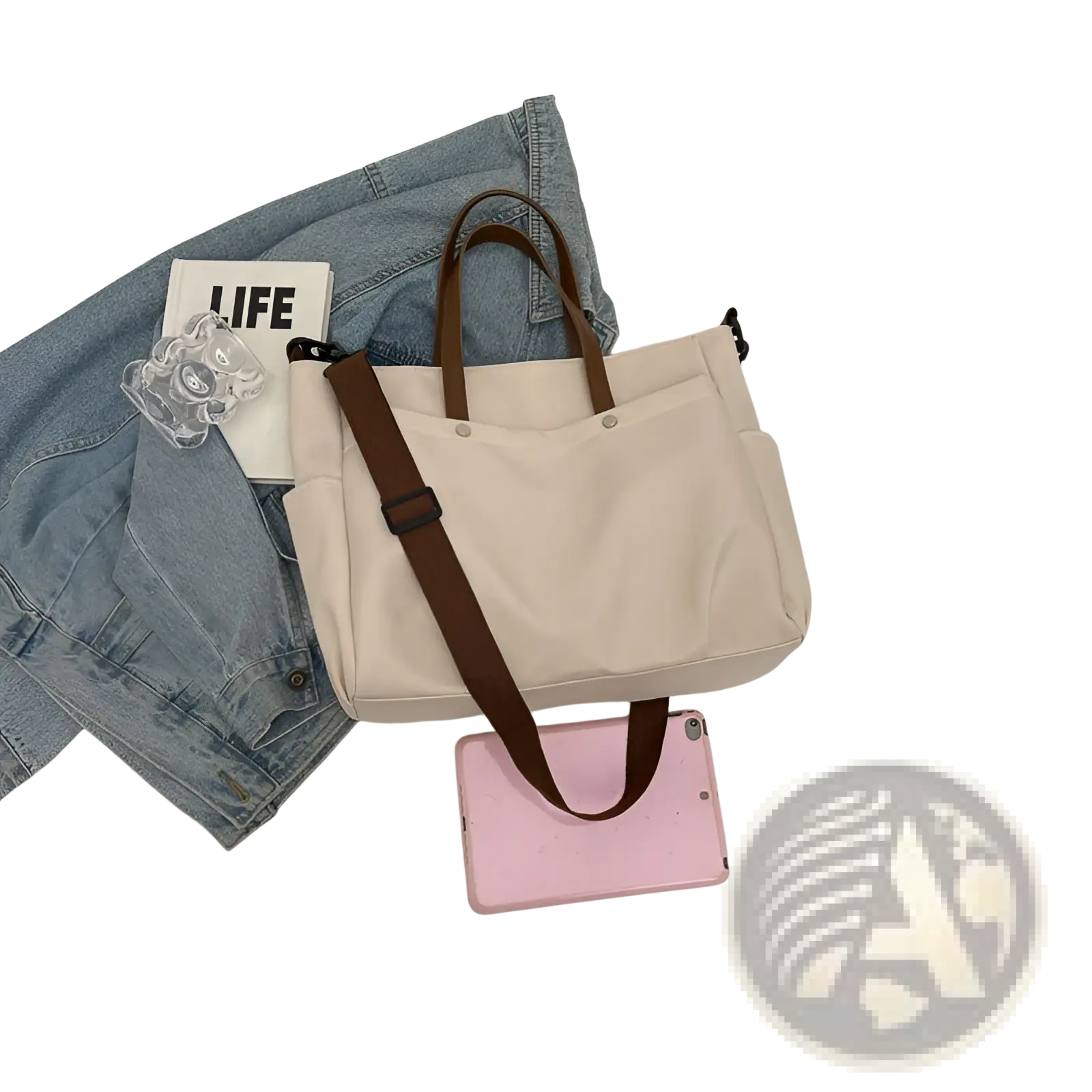 Beige large capacity canvas tote bag with brown leather handles and adjustable strap for versatile use