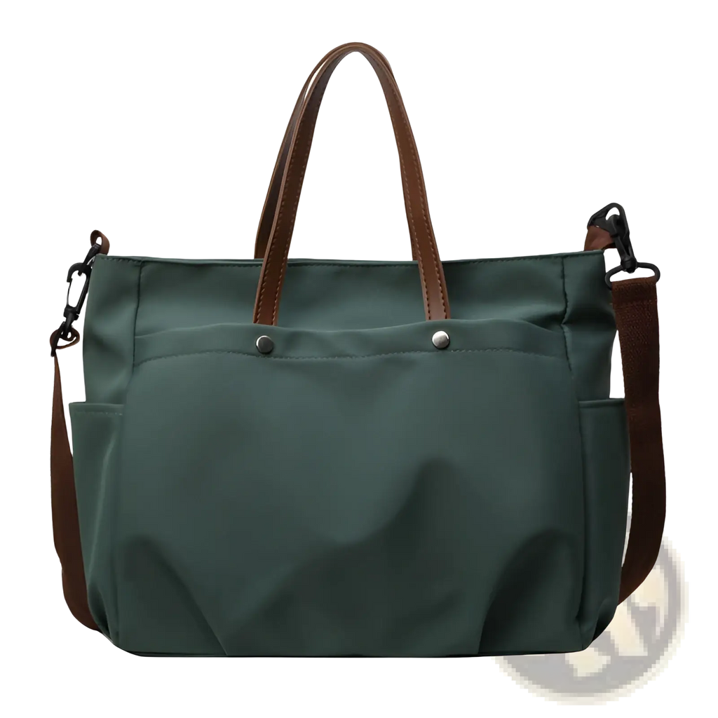 Dark green large capacity canvas tote bag with brown leather handles and shoulder strap for versatile use
