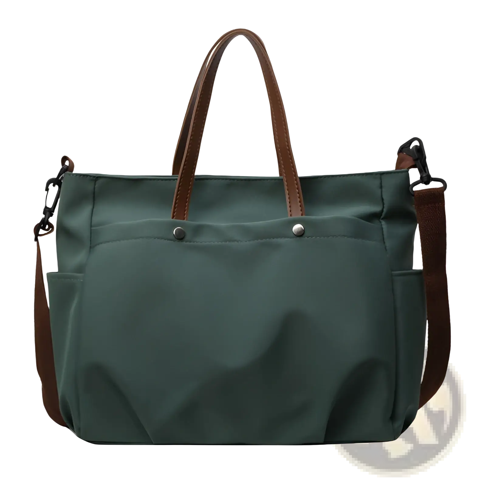 Dark green large capacity canvas tote bag with brown leather handles and shoulder strap for versatile use