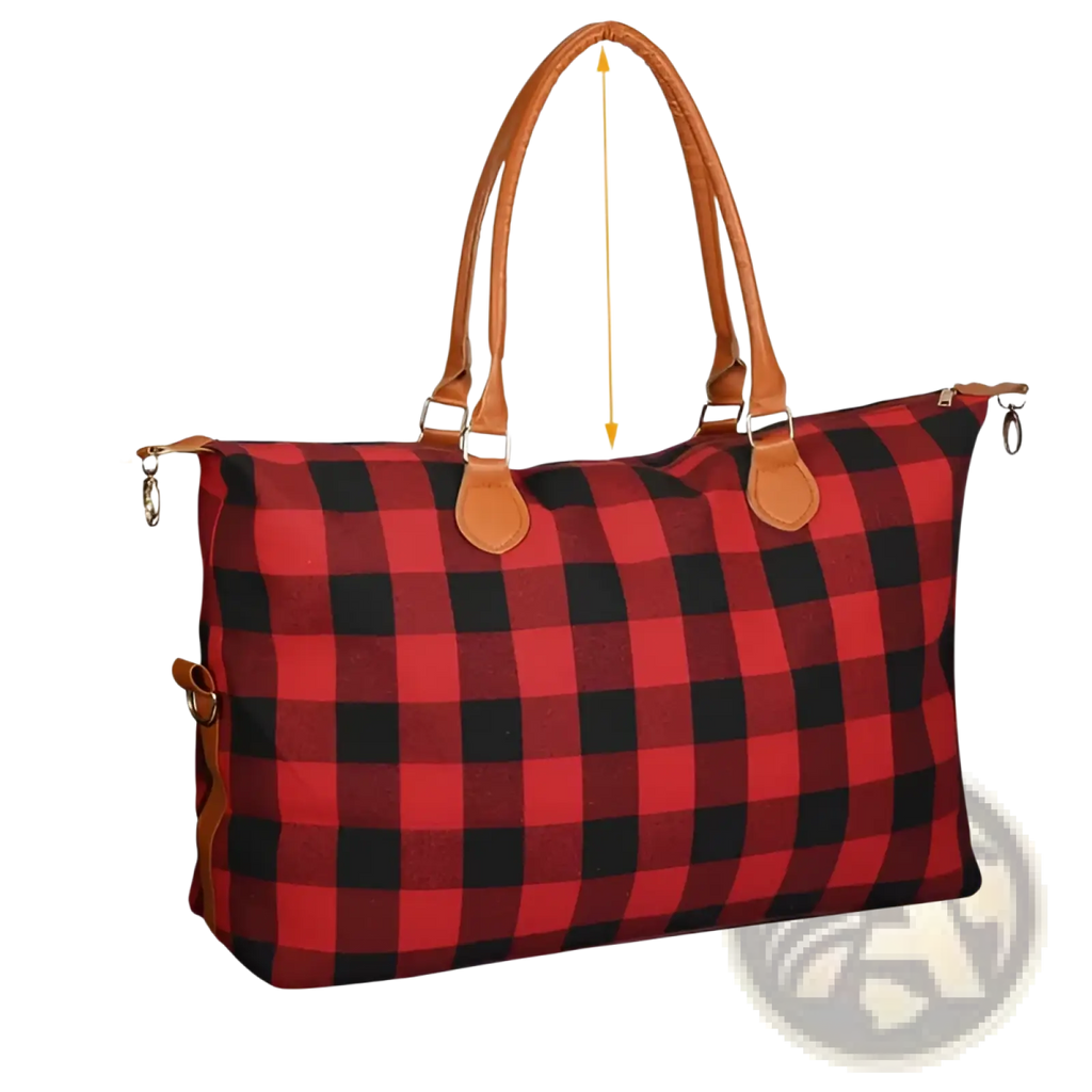 Large capacity cotton canvas weekend travel duffle bag in red and black plaid with tan leather handles