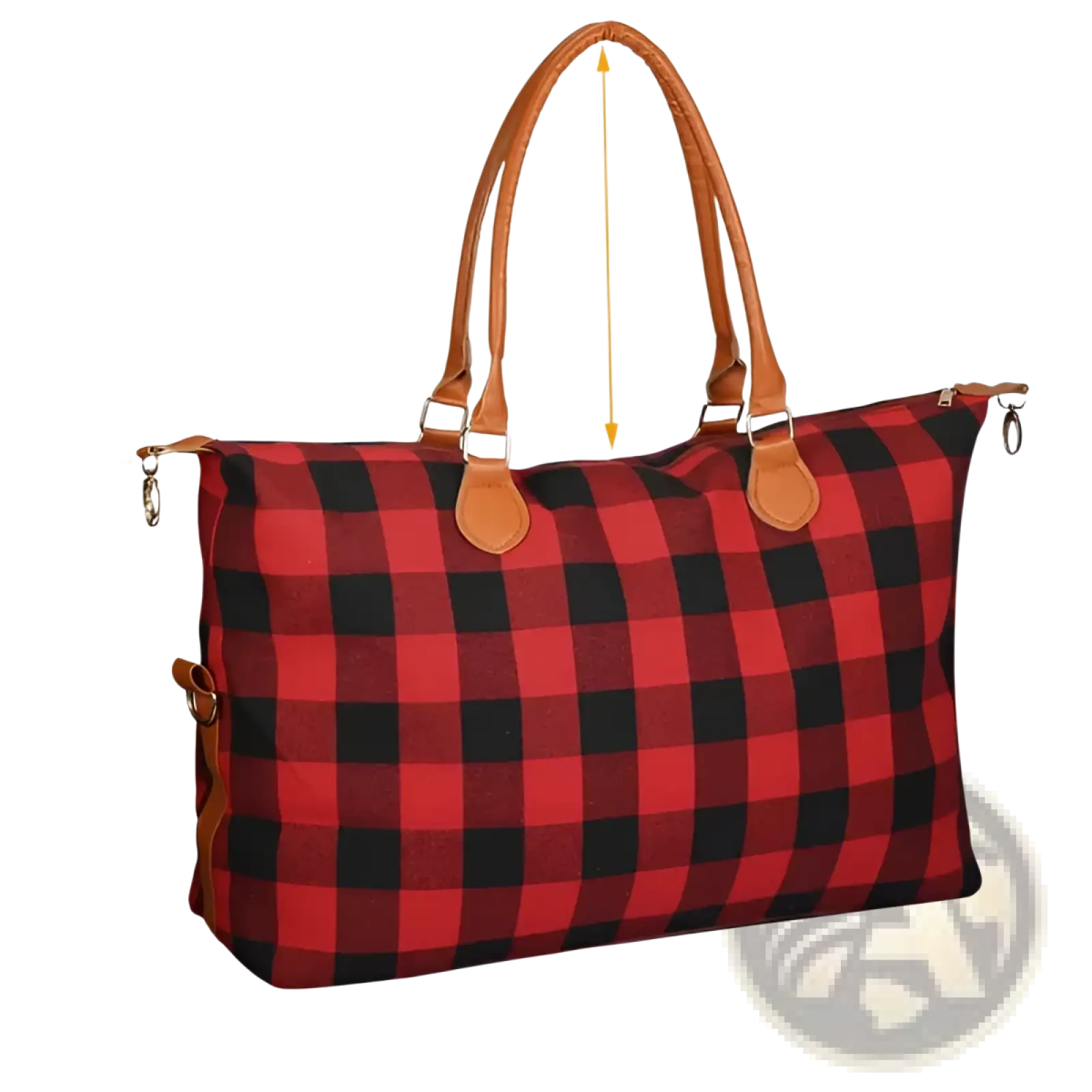 Large capacity cotton canvas weekend travel duffle bag in red and black plaid with tan leather handles