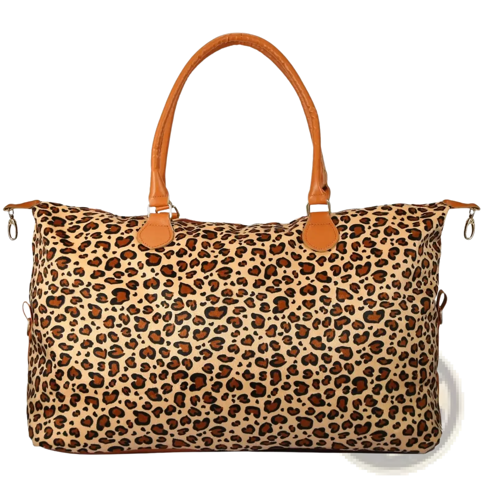 Large capacity cotton canvas weekend travel duffle bag in leopard print with tan and brown tones and faux leather handles