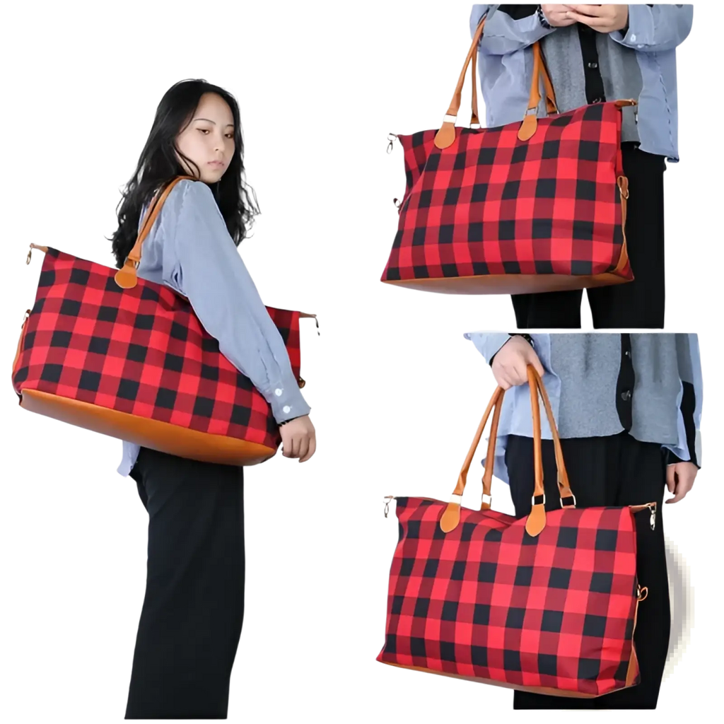Large capacity cotton canvas weekend travel duffle bag in red and black plaid with tan leather handles and trim