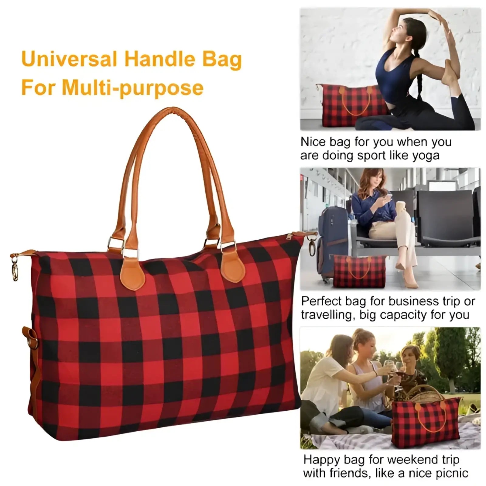 Large capacity cotton canvas weekend travel duffle bag in red and black plaid with tan leather universal handles