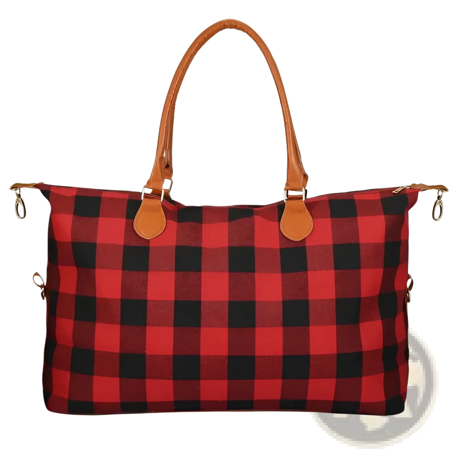 Large capacity red and black plaid cotton canvas weekend travel duffle bag with tan leather handles