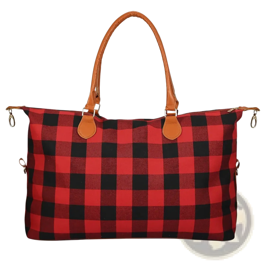 Large capacity cotton canvas weekend travel duffle bag in red and black plaid with tan leather handles