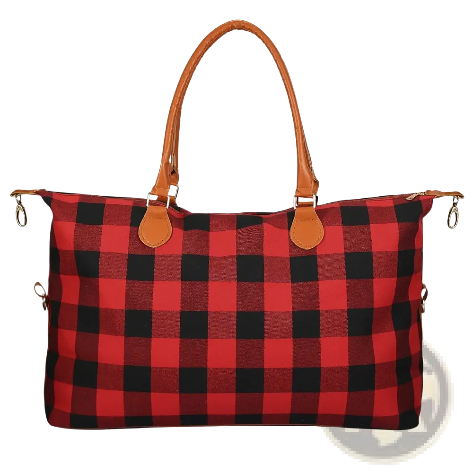 Large capacity cotton canvas weekend travel duffle bag in red and black plaid with tan leather handles
