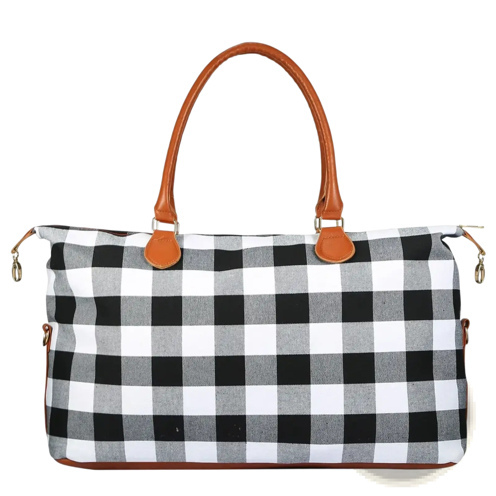 Black and white checkered canvas tote bag with tan leather handles and trim large capacity cotton canvas weekend travel duffle bag