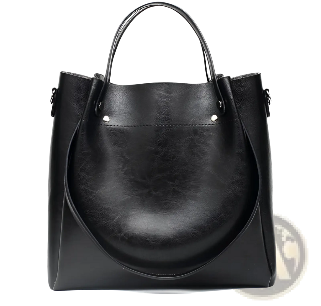 Black leather large capacity tote shoulder bag with top handles and detachable shoulder strap for versatile use
