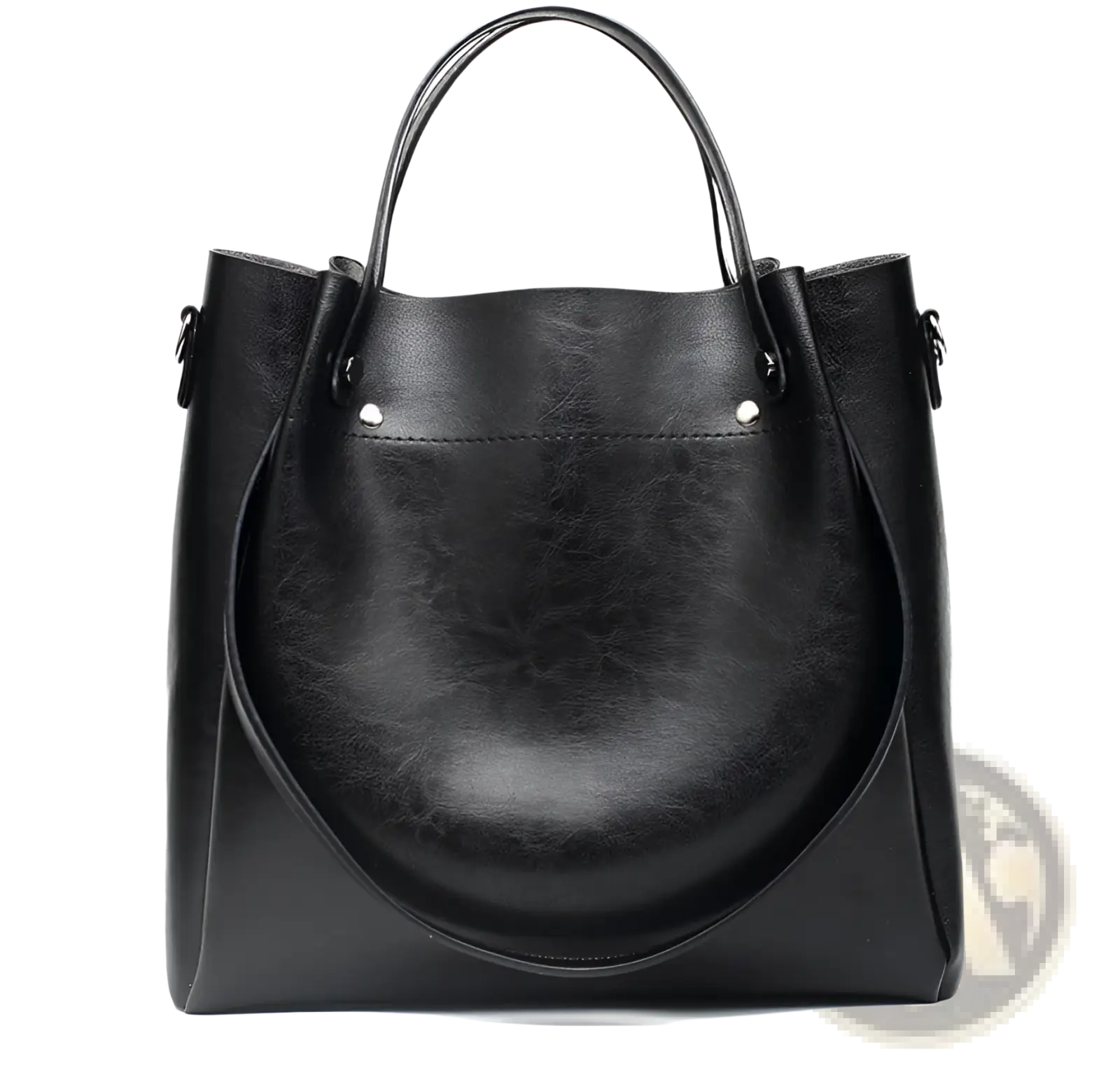 Black leather large capacity tote shoulder bag with top handles and detachable shoulder strap for versatile use