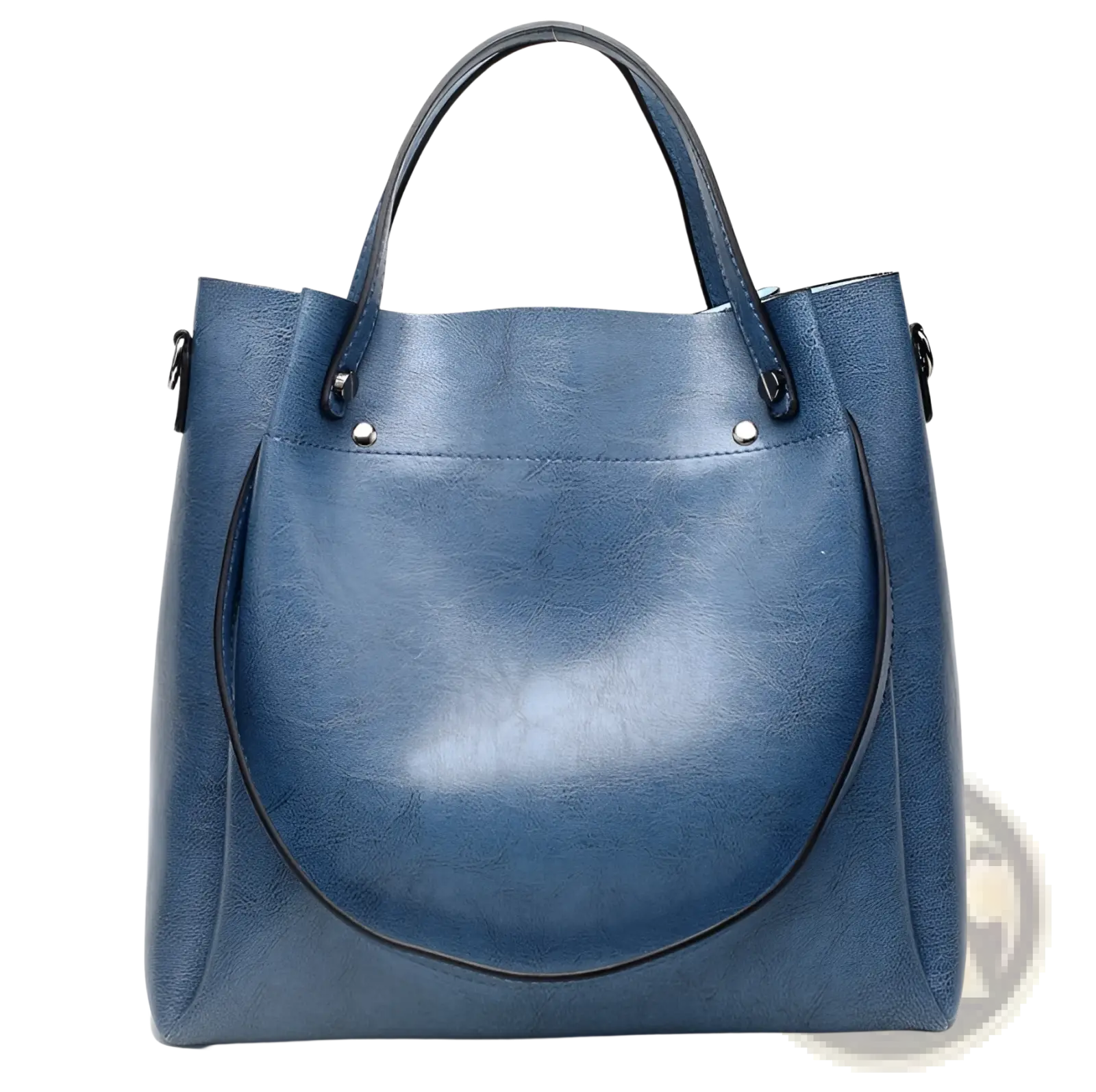 Large capacity blue faux leather tote shoulder bag with rounded top handles and curved front pocket