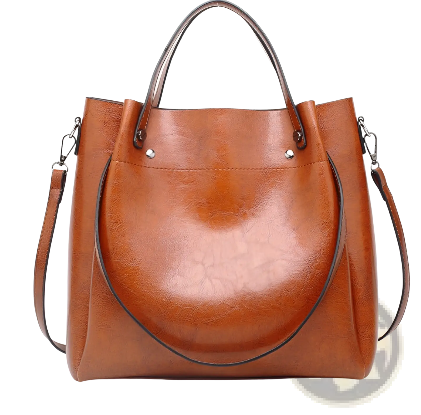 Brown leather large capacity tote bag with top handles and detachable shoulder strap in faux leather material