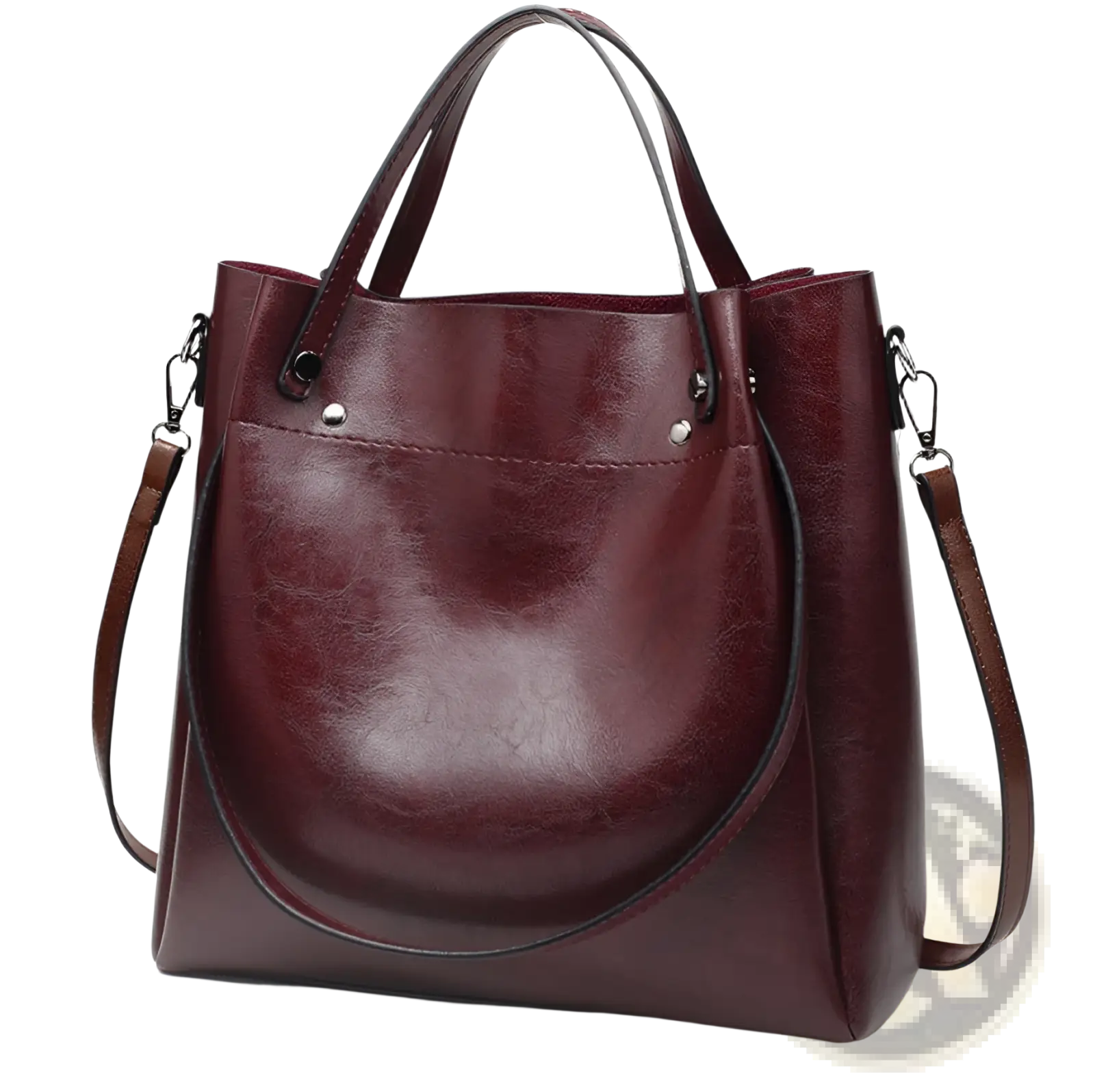 Large capacity faux leather tote shoulder bag in rich burgundy with structured shape dual handles and adjustable strap