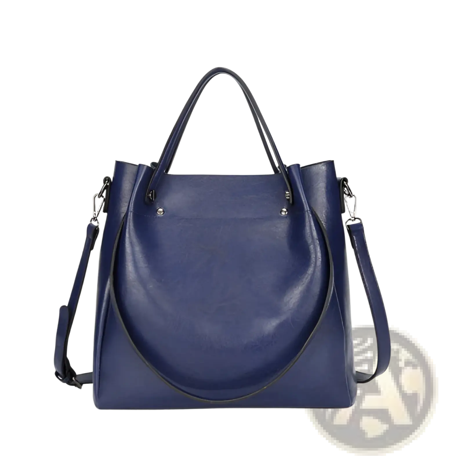 A sleek navy blue large capacity faux leather tote shoulder bag with dual handles and detachable strap